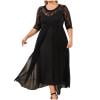 JGGSPWM Women's Plus Size Casual Crew Neck Lace Five Quarter Sleeve Midi Dress with Sheer Overlay Asymmetric Hem Black 2XL