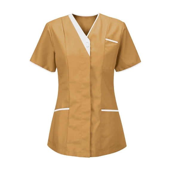JGGSPWM Women's Plus Size Cozy Casual Blouses Color Block Short Sleeve V-Neck Tops Button Down Scrubs Khaki XXL