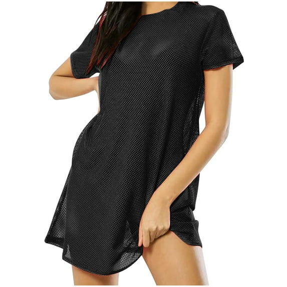 JGGSPWM Women's Plus Size Fishnet Sheer Mesh Shirt Short Sleeve Summer Tee Swimwear Cover Up Fashion Round Neck Top Black M