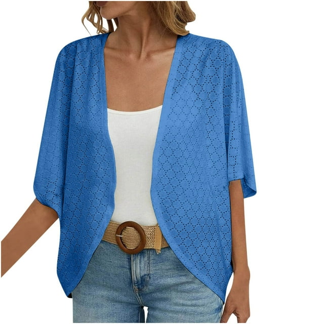 JGGSPWM Women's Plus Size Lightweight Shawl Cardigan Open Front 3/4 Sleeve Kimono Casual Eyelet Shirt Solid Elbow Length Fall Cover Up Blue#/001 S
