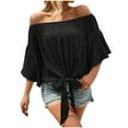 thumbnail image 1 of JGGSPWM Women's Plus Size Off The Shoulder Half Sleeves Tie Front Flowy Blouse Tops Black L, 1 of 6