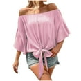 thumbnail image 1 of JGGSPWM Women's Plus Size Off The Shoulder Half Sleeves Tie Front Flowy Blouse Tops Pink XL, 1 of 6