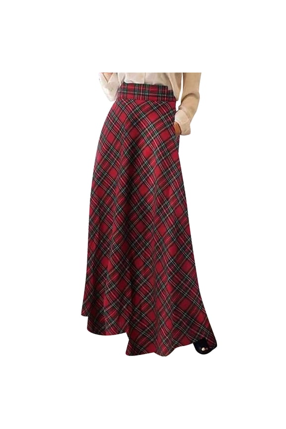 Women's Plus Size Plaid Skirt Warm Elastic Waist Faux Woolen A-Line Pleated Winter Long Skirts Plus Size Retro Skirts Red XXL