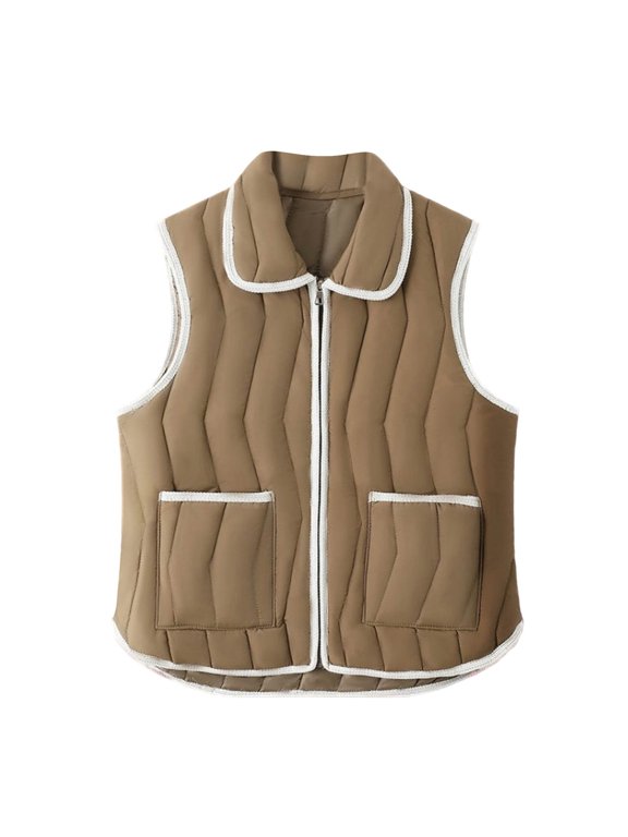 Women's Plus Size Puffer Vest Lapel Wind Proof Sleeveless Outwear Vest Warm Lightweight Winter Coat with Zipper Pocket Brown XXXXL