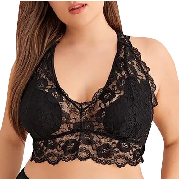 JGGSPWM Women's Plus Size Scoop Neck See-Through Lace Bralette Solid Thin Breathable Bra Black L