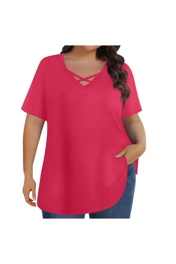Women's Plus Size Short Sleeve Criss Cross Neck Summer Trendy Dressy Casual Tunic Tops Tees Blouses Hot Pink 5XL