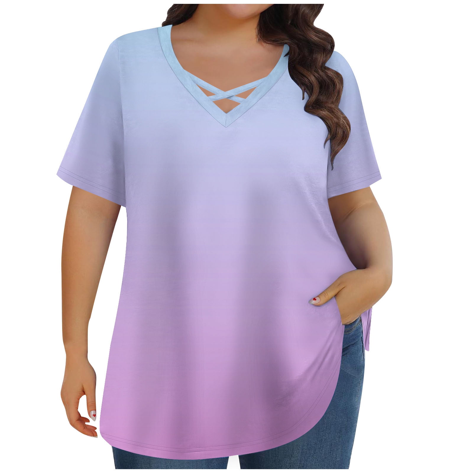 JGGSPWM Women's Plus Size Short Sleeve Criss Cross Neck Summer Trendy Dressy Casual Tunic Tops Tees Blouses Purple 5XL