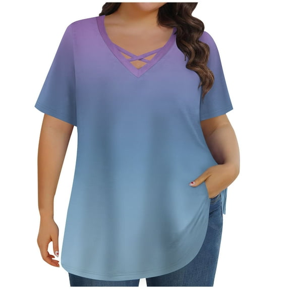 JGGSPWM Women's Plus Size Short Sleeve Criss Cross Neck Summer Trendy Dressy Casual Tunic Tops Tees Blouses Purple XL