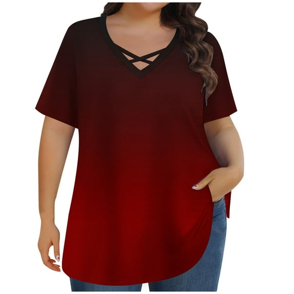 JGGSPWM Women's Plus Size Short Sleeve Criss Cross Neck Summer Trendy Dressy Casual Tunic Tops Tees Blouses Red 5XL