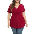 thumbnail image 1 of JGGSPWM Women's Plus Size Short Sleeve V-Neck Solid Blouse Lace Sleeve Tunic Flowy Peplum Tops Red XL, 1 of 9