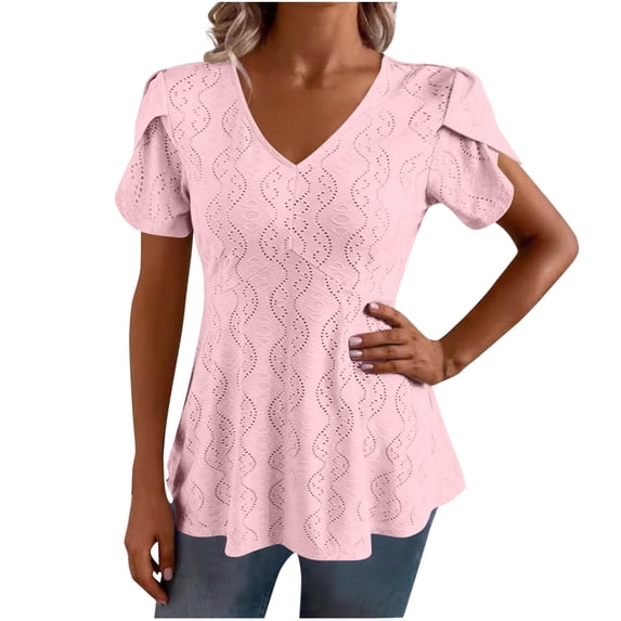 JGGSPWM Women's Plus Size Summer Eyelet Embroidery Tops Short Sleeve V Neck Babydoll Tunic Dressy Casual Petal Sleeve Tops Pink S