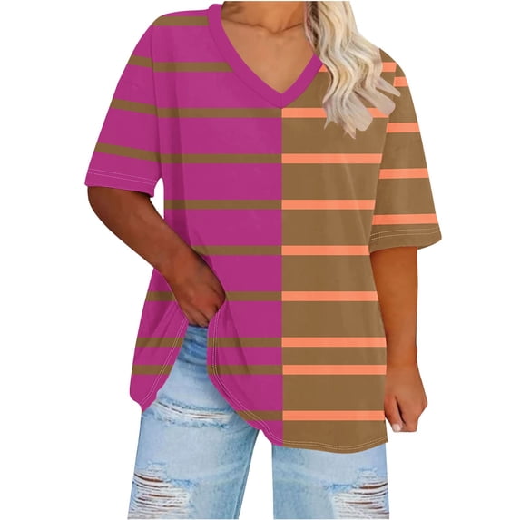 JGGSPWM Women's Plus Size Summer Fashion Striped Tops Casual V Neck Oversized Color Block Graphic Blouses Tees Hot Pink 2XL
