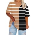 thumbnail image 1 of JGGSPWM Women's Plus Size Summer Fashion Striped Tops Casual V Neck Oversized Color Block Graphic Blouses Tees Khaki 2XL, 1 of 4