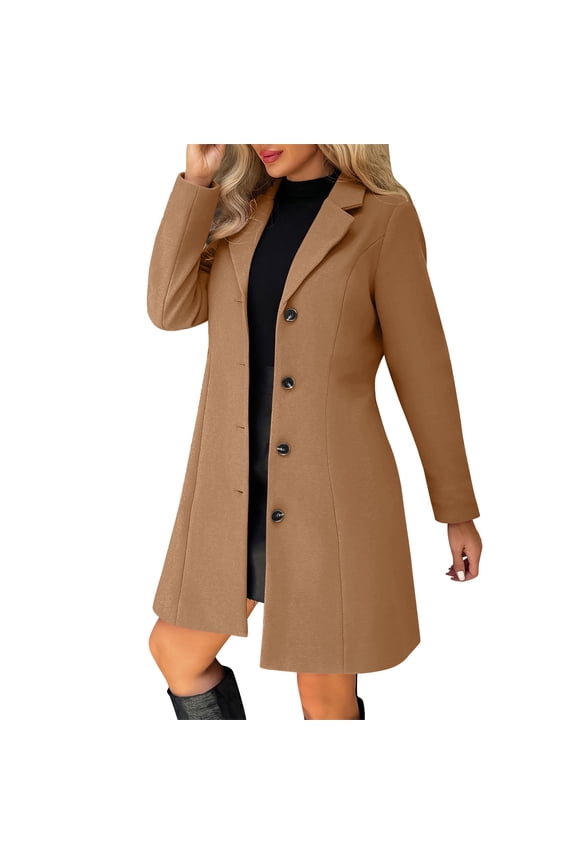 Women's Plus Size Thicken Woolen Trench Coat Casual Notched Collar Fall Winter Single Breasted Pea Coat Warm Soft Overcoat Brown XXXL