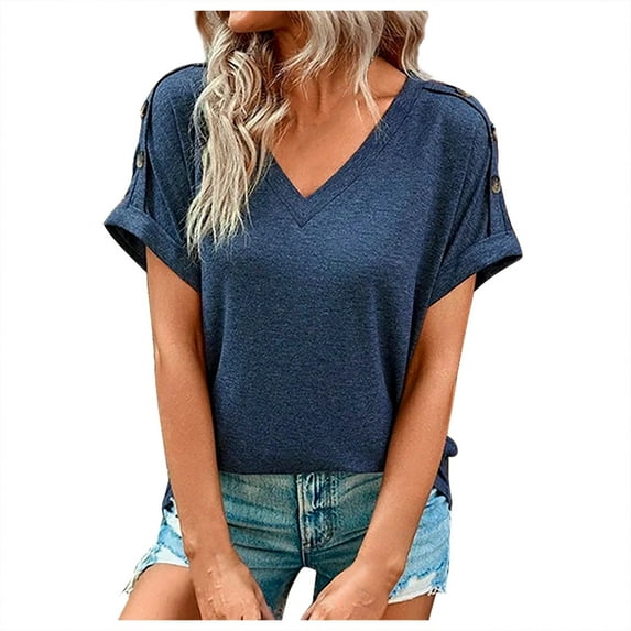 JGGSPWM Women's Plus Size V-Neck Solid Blouse Short Sleeve Button Decor Shoulder Plain Lovely Comfy Tops Navy XXL