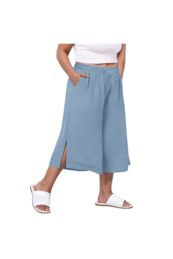 Women's Plus Size Wide Leg Capris Pants Linen Loose Lounge Cropped Culottes Summer Casual Palazzo Pant with Pocket Blue XL