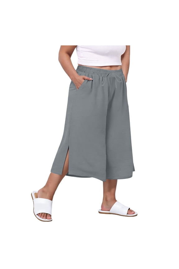 Women's Plus Size Wide Leg Capris Pants Linen Loose Lounge Cropped Culottes Summer Casual Palazzo Pant with Pocket Gray XXL