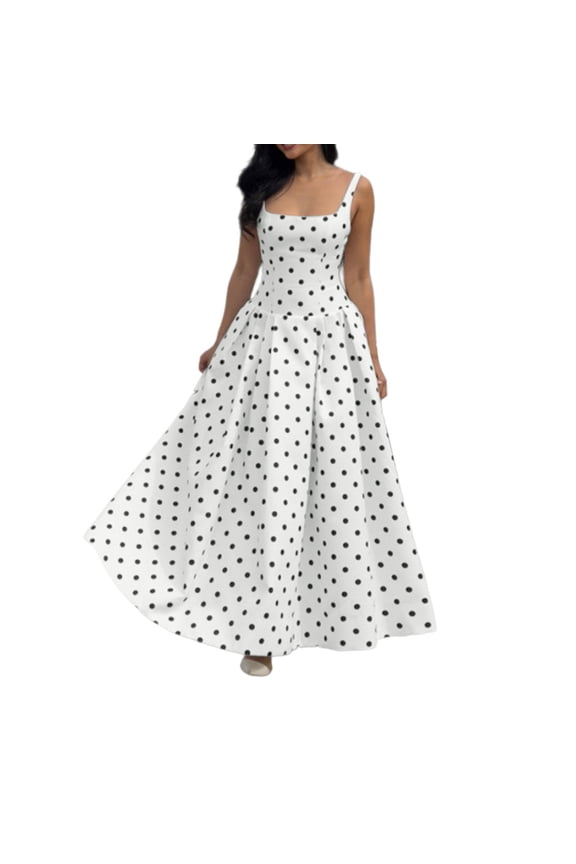 Women's Polka Dots Square Neck Suspender Long Dress Sleeveless A Line Flowy Maxi Dresses White S