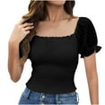 thumbnail image 1 of JGGSPWM Women's Puff Short Sleeve Square Neck Frill Shirred Crop Tops Blouse Black S, 1 of 9