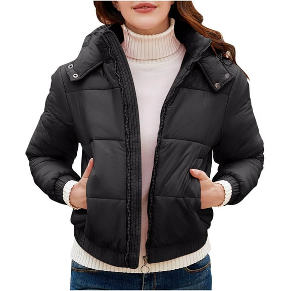 JGGSPWM Women's Quilted Cropped Puffer Jacket Baggy Short Down Outerwear with Pockets Warm Coat Black 2XL