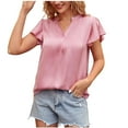 thumbnail image 1 of JGGSPWM Women's Relaxed Classic Short Sleeve V Neck Solid Blouses Ruffle Hem St Collar Faux Satin Silk Summer Tops Pink XL, 1 of 7