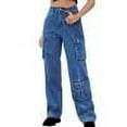 thumbnail image 1 of JGGSPWM Women's Relaxed Fit High Waist Baggy Cargo Jeans with Flap Pocket and Straight Wide Leg Y2K Fashion Boyfriend Jeans Dark Blue L, 1 of 9