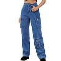 JGGSPWM Women's Relaxed Fit High Waist Baggy Cargo Jeans with Flap Pocket and Straight Wide Leg Y2K Fashion Boyfriend Jeans Dark Blue S
