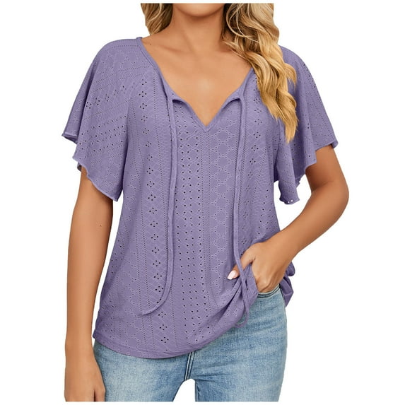 JGGSPWM Women's Relaxed Lovely Short Sleeve V Neck Solid Blouses Ruffle Sleeve Drawsting Hollow Lace Basic Summer Tops Purple L