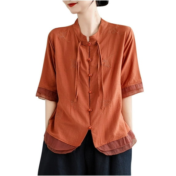 JGGSPWM Women's Retro Chinese Style Tops Cotton Linen Blouses Frog Buttons Casual Lapel Collar Shirts Including Vintage Embroidery Mesh Trim Short Sleeve T-Shirts Red M