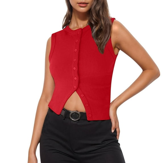 JGGSPWM Women's Ribbed Button Down Y2K Crop Tank Top Sleeveless Knit Vest Going Out Tops Red XL