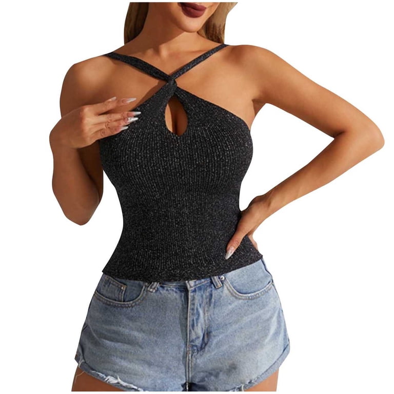 JGGSPWM Women's Ribbed Cross-Strap Crop Tank Top Keyhole Hollow