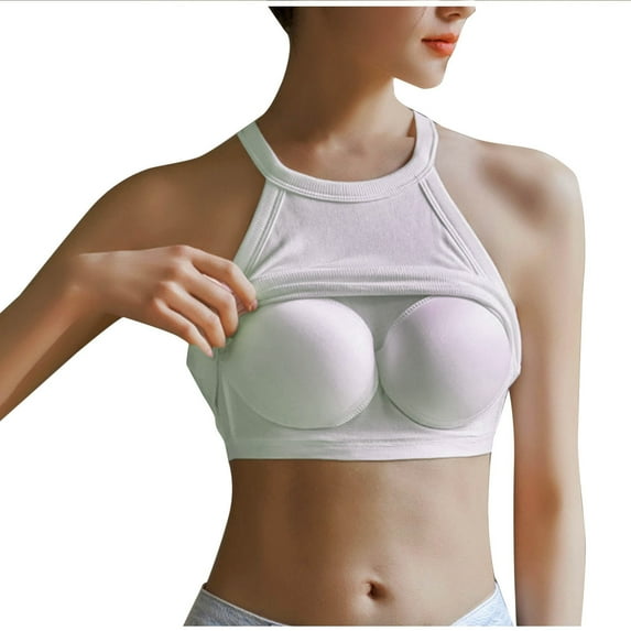 JGGSPWM Women's Ribbed Halter Yoga Tank Tops Summer Built-in Bra Slim Fit Cropped Camisole Casual Comfy Workout Sleeveless Shirts Beige S