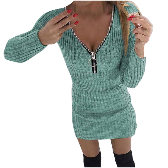 JGGSPWM Women's Ribbed Knit Mini Dress Zipper Front Long Sleeves Casual Pure Color Hip Dresses Green L