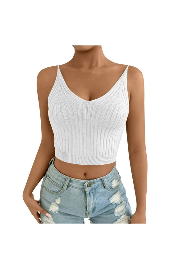 Women's Ribbed Knit Spaghetti Strap V Neck Sleeveless Cropped Cami Top Vest White S
