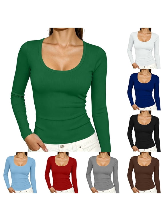 Women's Ribbed Scoop Neck Slim Fitted T Shirts Soft Breathable Comfy Basic Solid Long Sleeve Layering Tee Tops Blue S