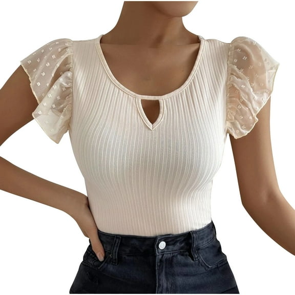 JGGSPWM Women's Ribbed Summer Lace Flying Sleeve Round Neck Hollow Trendy Slim Fit Y2k Top Shirt Beige L