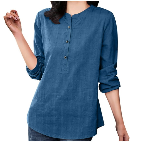 JGGSPWM Women's Round Neck Cotton Linen Loose Button Collar Shirt Top Long Sleeve Breathable Comfortable Shirt Top Blue L