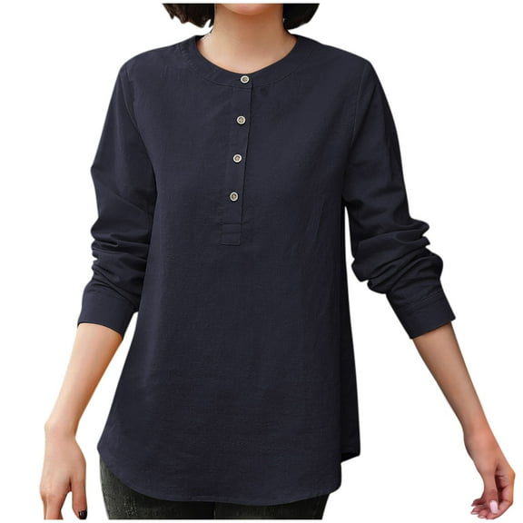 JGGSPWM Women's Round Neck Cotton Linen Loose Button Collar Shirt Top Long Sleeve Breathable Comfortable Shirt Top Blue XXXXL