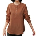 thumbnail image 1 of JGGSPWM Women's Round Neck Cotton Linen Loose Button Collar Shirt Top Long Sleeve Breathable Comfortable Shirt Top Brown XXXL, 1 of 9