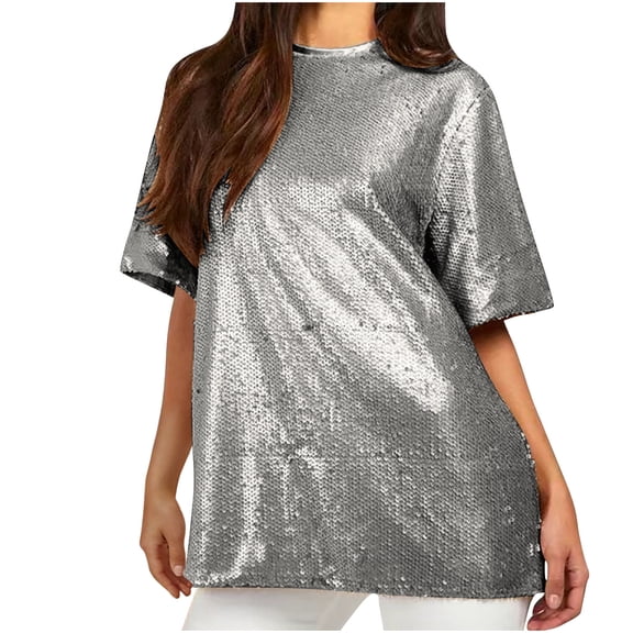 JGGSPWM Women's Round Neck Short Sleeve Sequin Top Relaxed Fit Solid Color Sparkle Shirt Silver S