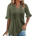 thumbnail image 1 of JGGSPWM Women's Ruffle Short Sleeve V Neck Henley Dressy Casual Shirts Loose Pleated Blouses Tunic Tops Army Green M, 1 of 9