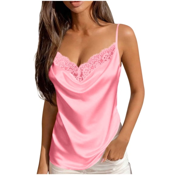 JGGSPWM Women's Satin Camisole Lace Silk Satin Pajama Tank Tops V Neck Soft Adjustment Spaghetti Strap Loose Sleepwear Pink M