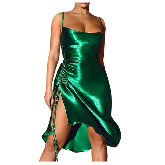 JGGSPWM Women's Satin Midi Dress Spaghetti Straps V Neck Side Slit Backless Party Sling Dresses Green M