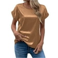 thumbnail image 1 of JGGSPWM Women's Satin Shirts Silk Blouse Short Sleeve Tunic Crewneck Tops Smooth Feeling T-shirts Fashion Tees Khaki XXL, 1 of 5