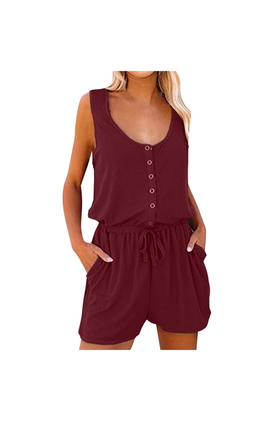 Women's Scoop Neck Button Up Short Romper Self-Tie Belt Sleeveless Overalls Mini Casual Summer Jumpsuit with Pocket Wine XXL