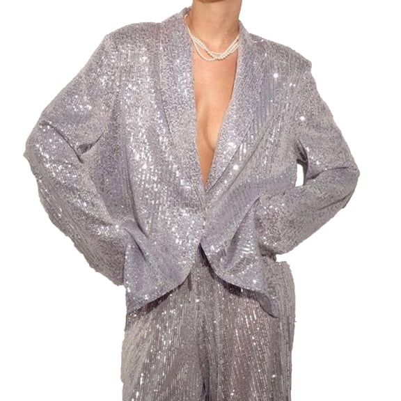 JGGSPWM Women's Sequin Blazer Casual Lightweight Open Front Glitter Suit Jackets Long Sleeve Fashion Sparkly Party Jacket Gray S