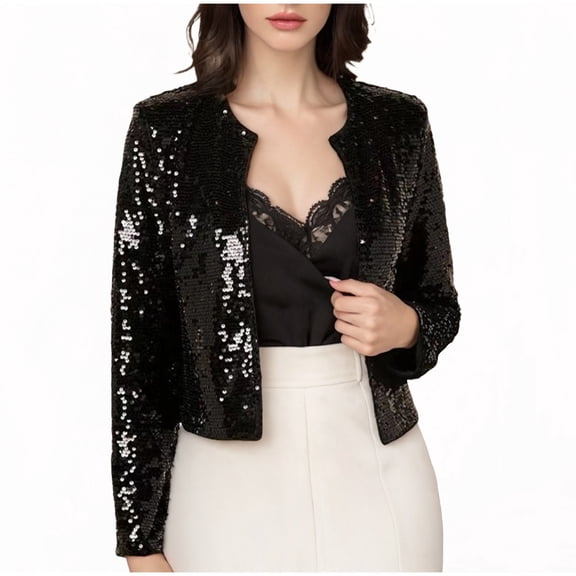 JGGSPWM Women's Sequin Glitter Cropped Jacket Long Sleeve Round Neck Open Front Sparkly Casual Party Cropped Coat Black L
