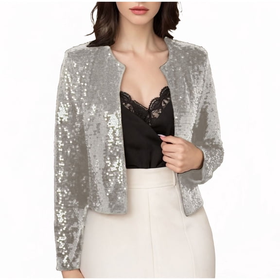 JGGSPWM Women's Sequin Glitter Cropped Jacket Long Sleeve Round Neck Open Front Sparkly Casual Party Cropped Coat Silver M