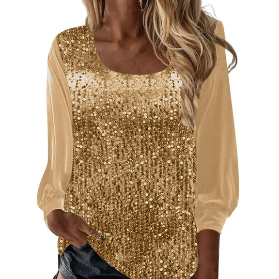 JGGSPWM Women's Sequin Tops Sheer Long Sleeve Glitter Sparkly Party Blouse V-Neck Dressy Tops for Evening Party Gold S