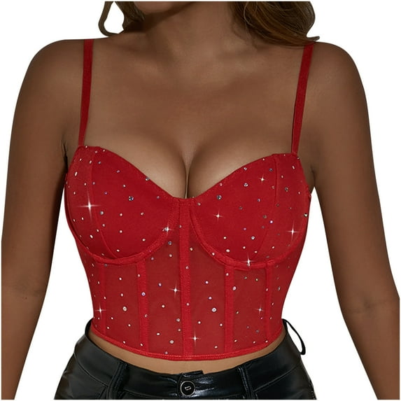 JGGSPWM Women's Sequin Trim Corset Crop Top Sleeveless Cami Tank Spaghetti Straps Crop Top Clubwear Red S